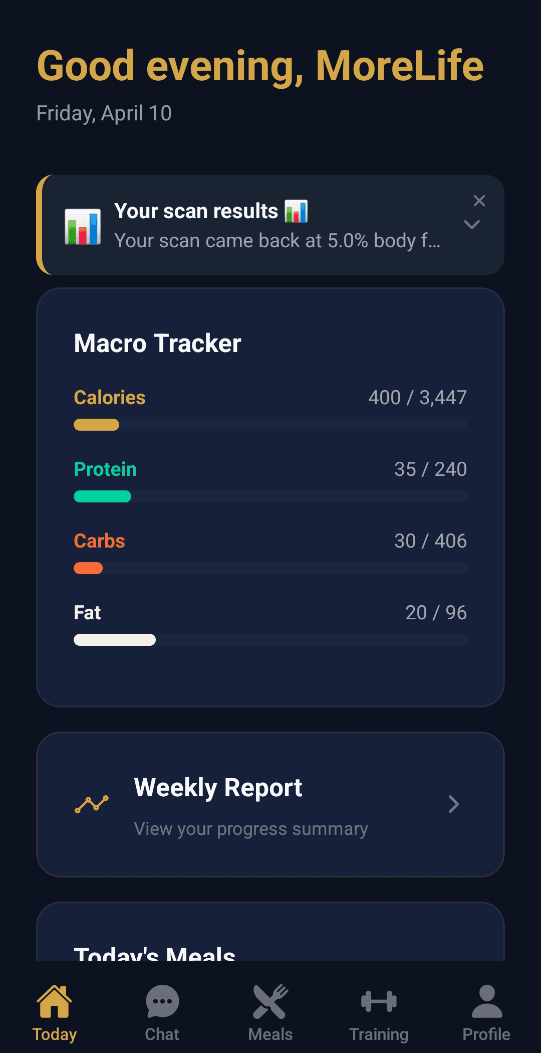 MoreLife Today screen showing daily macros, workout, and meals